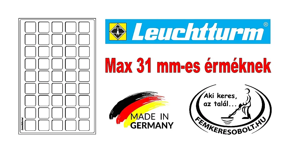 Leuchtturm érmetartó lap 31 mm-es érmék részére. L méretben.
