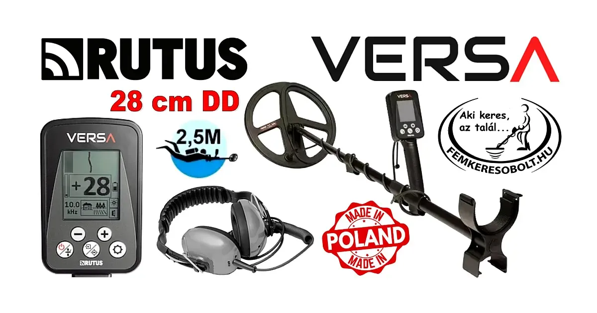 Rutus Versa fémkereső 28 cm-es DD szondával vízálló fejhallgatóval